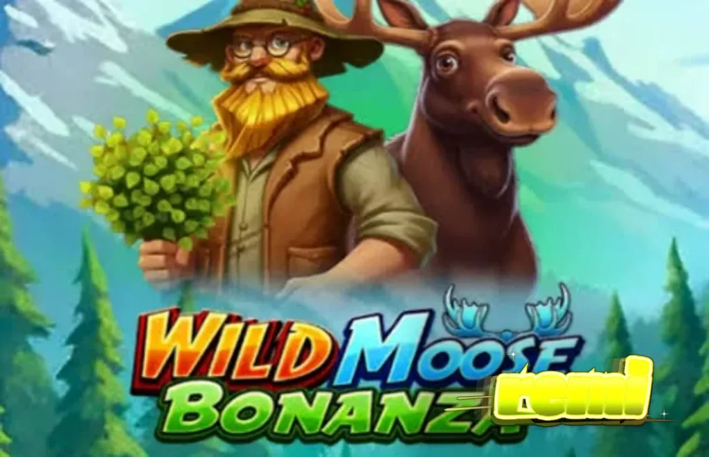 Tangkapan layar permainan slot Wild Moose Bonanza dengan rusa besar, hutan, dan simbol emas